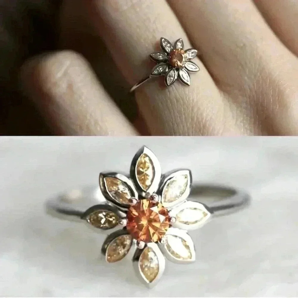 New 925 Silver Citrine & Sapphire Daisy Ring